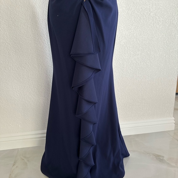 Betsy & Adam Navy Blue Off-Shoulder Ruffle Back Mermaid Gown - Picture 2 of 8